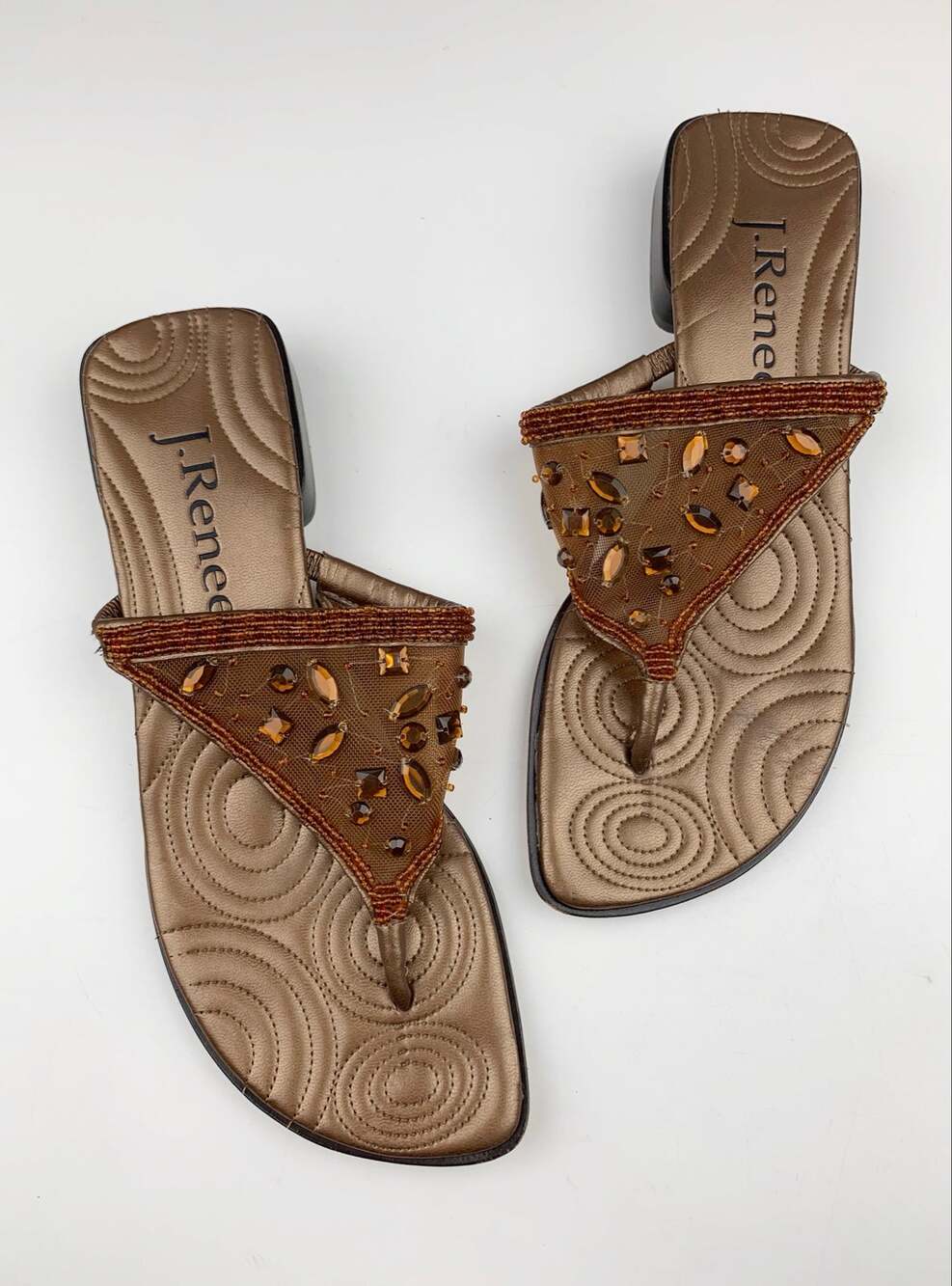 J Renee Jewel Sandals Brown Beaded Mesh Thong Slides Women's 7